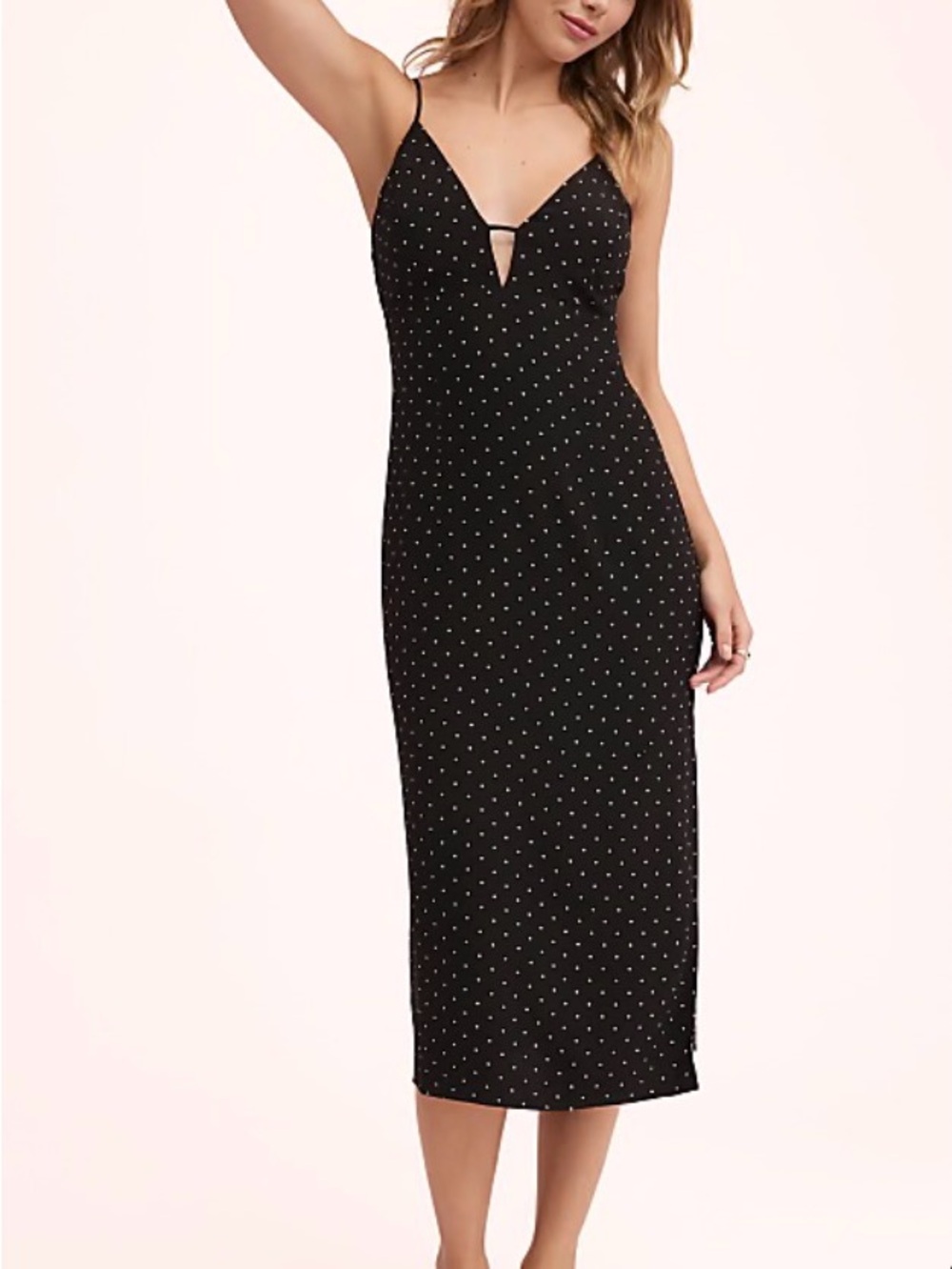LOFT Black Polka Dot V-Neck Slip Midi Dress